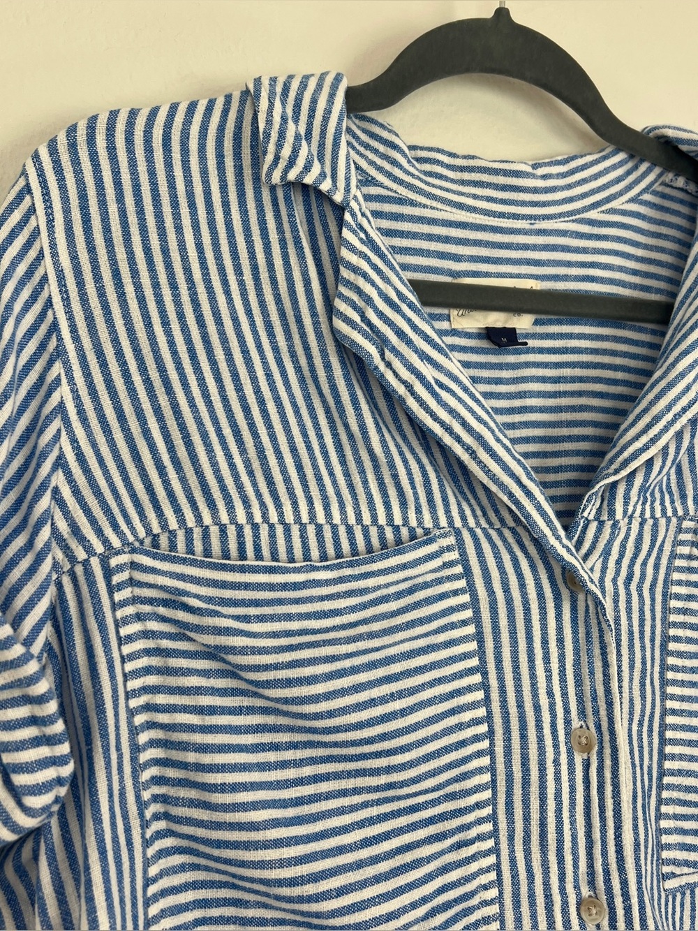 Linen Cotton Euro Summer Nautical Beach Blue White Striped Short Sleeve Blouse M - Picture 2 of 6